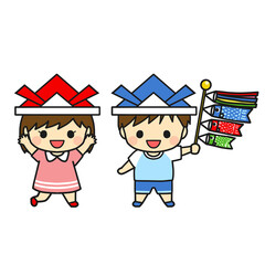 子供の日を楽しむ子供とミニ鯉のぼり