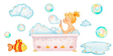 Watercolor set. A blonde girl is sitting in a bubble pink bath and blowing soap bubbles, soap foams, puddles. A lot of soap foam in the bath. Watercolor isolated illustration. Cosy funny design.