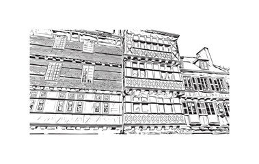 Building view with landmark of Quimper is the commune in France. Hand drawn sketch illustration in vector.