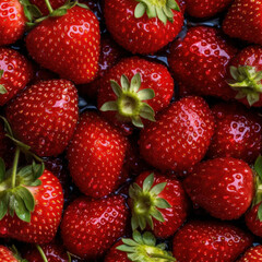 Fresh strawberries seamless background, dorned with glistening droplets of water. Top down view. AI generative