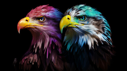 Isolated Colorful Two Eagles On Black Background, Generative Ai