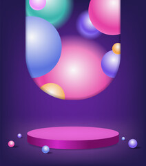 Creative glassmorphism illustration design with transparent frame, colorful floating spheres and podium for presentation