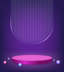 Abstract room with purple pedestal podium, arch shape and balls