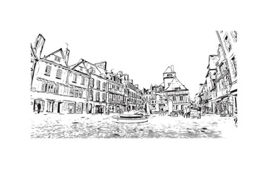 Building view with landmark of Quimper is the commune in France. Hand drawn sketch illustration in vector.