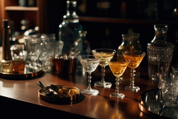Soft light enhances the beauty of craft cocktails made with fancy liquor and mixology. generative ai.
