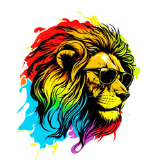 Colorful Artistic Rainbow Lion's Head Wearing Sunglasses with Transparent Background, Generative AI