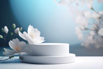 Background for product presentation with beautiful light and lovely white flowers. Generative AI