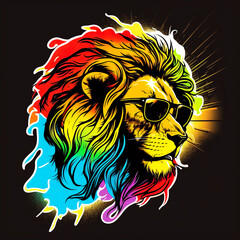 Colorful Artistic Rainbow Lion's Head Wearing Sunglasses, Generative AI