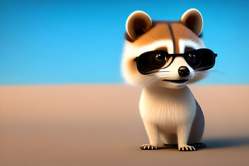 A Cute adorable baby raccoon character stands in nature with black sunglasses on pastel gradient background in the style of children-friendly cartoon animation fantasy generative ai, AI