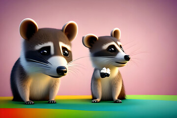 A Cute adorable baby raccoon character stands in a light room with a pastel gradient background in the style of children-friendly cartoon animation fantasy generative ai, AI - obrazy, fototapety, plakaty