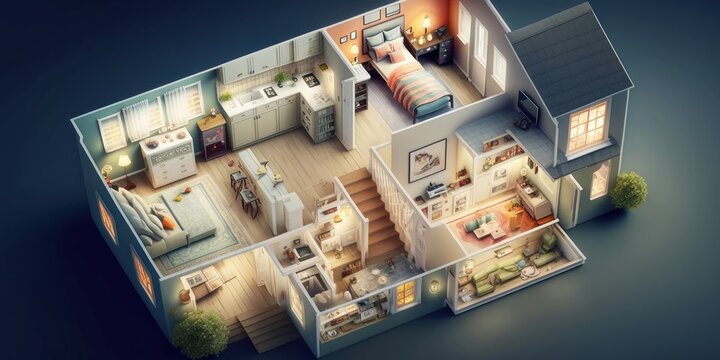 cutaway plan of a house, architecture, generative ai
