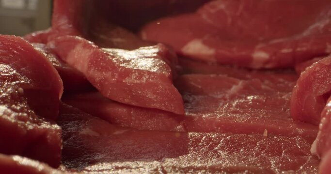 Fresh raw beef meat texture with probe lens, tunnel slide ready to grill close up