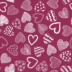 Hand drawn line art different shaped white hearts with waves,stripes,lines and dots as simple seamless pattern.Minimalistic Valentine's Day burgundy red background for cards,invitation,wrapping paper.