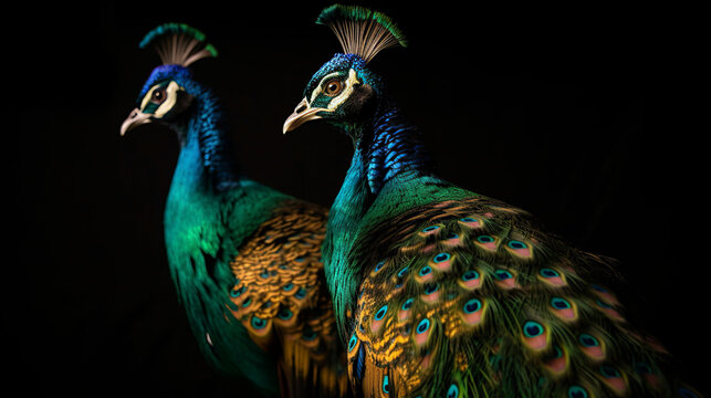 Isolated Colorful Two Peacocks On Black Background, Generative Ai