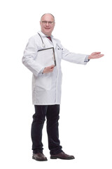 qualified mature doctor with clipboard .isolated on a white background.
