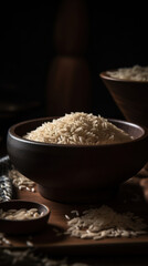 Rice in a solid wood bowl closeup generative ai