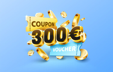 300 euro coupon gift voucher, cash back banner special offer. Vector illustration - obrazy, fototapety, plakaty