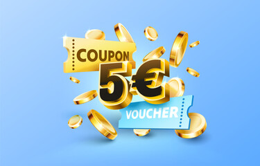 5 euro coupon gift voucher, cash back banner special offer. Vector illustration