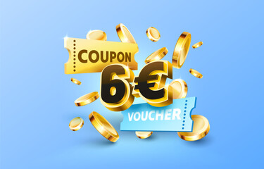 6 euro coupon gift voucher, cash back banner special offer. Vector illustration