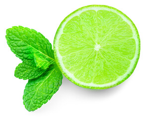 Lime slices isolated on white background. Lime citrus fruit with mint leaf .