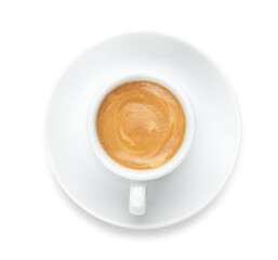 White espresso coffee cup with creams, isolated on a transparent background png, top view. 