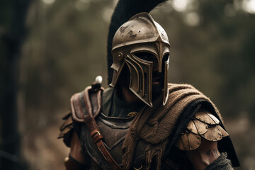 Portrait of a Spartan in armor in the forest. Ancient Greek warrior. ai generated