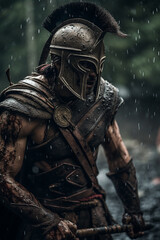 Fototapeta premium Portrait of a Spartan in armor and a Corinthian helmet under heavy rain. in a dynamic fighting stance. Ancient Greek warrior. ai generated