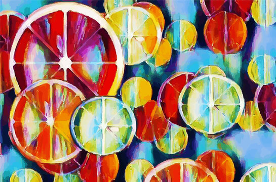 Slices of citrus fruit are seen in a digital abstract painting. This includes lemon, lime, oranges and grapefruit in this vector image.