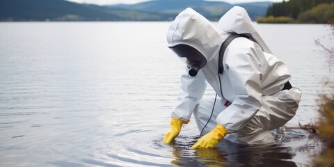 scientist in protective suite taking water samples from lake, concept of Environmental monitoring and Personal protective equipment, created with Generative AI technology