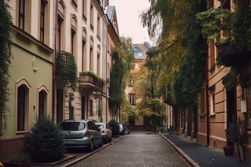 Fototapeta na wymiar Surprisingly cozy streets of Berlin with a lot of greenery AI