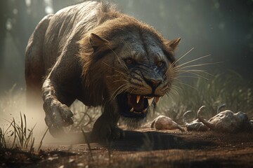 A detailed illustration of a predator in action, such as a lion hunting prey, Generative AI