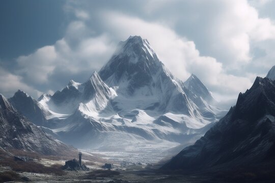 A minimalist landscape with a snowy mountain peak, Generative AI