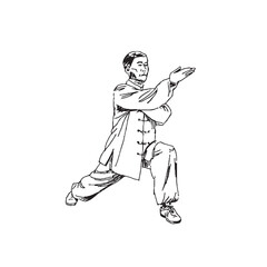 Drawing of man man sketch quick sketch in wushu kung fu pose. Vector illustration