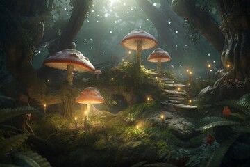 A whimsical illustration of a mystical or enchanted forest, Generative AI