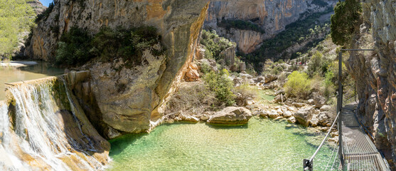 Panoramic view of the water dam in the ravine of the footbridges of the Vero river in Alquezar.