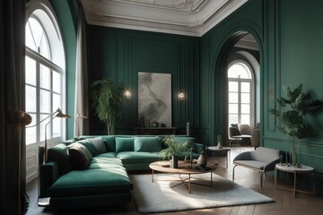 Beautiful and fashionable interior in shades of green in a classic style