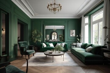 Obraz na płótnie Canvas Beautiful and fashionable interior in shades of green in a classic style