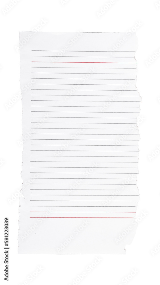 Poster torn notepad paper, lined notebook sheet isolated on white background