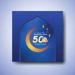 Ramadan sale special offer in blue background with 
50% off, crescent moon, lantern, stars, dome mosque, 
Islamic pattern. for social media posts.