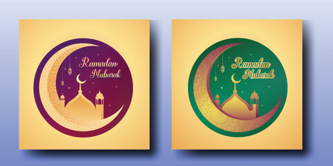 Ramadan Mubarak on a green, and purple 
background with the crescent moon, lantern, stars, dome mosque, Islamic pattern for social media posts.