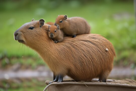 capybara with babies on its back, generative ai