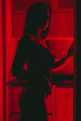 Young latin woman in lingerie in profile under a red light.