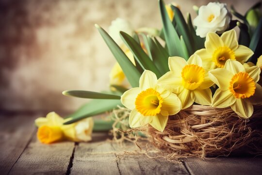 daffodils in beautiful natural landscape with bokeh in Background