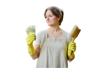 A woman holds money in euros while cleaning a home kitchen, isolated on a white background