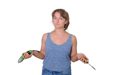 Young woman with screwdriver on wall background, isolated on a white background. Questions to repair their own hands. How to carry out repairs in the apartment on their own.