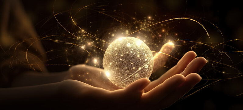 Hand holding a magical glowing ball of light with sparkles around it.