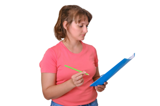 Getting a new built apartment, copy space, isolated on a white background. Woman inspector checks the house for faults, isolated on a white background. Acceptance of a new home in the property.