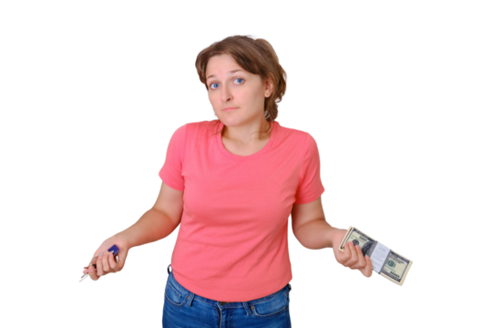Doubts about buying a new home, isolated on a white background. A young woman doubts the choice of housing, isolated on a white background. Money in exchange for the house keys.