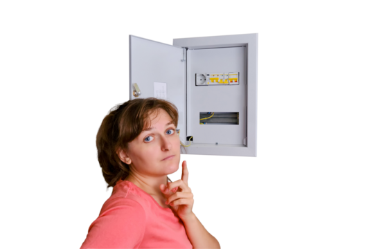 A young woman deep in thought next to the fuse box, copy space, isolated on a white background. Power outage in the apartment