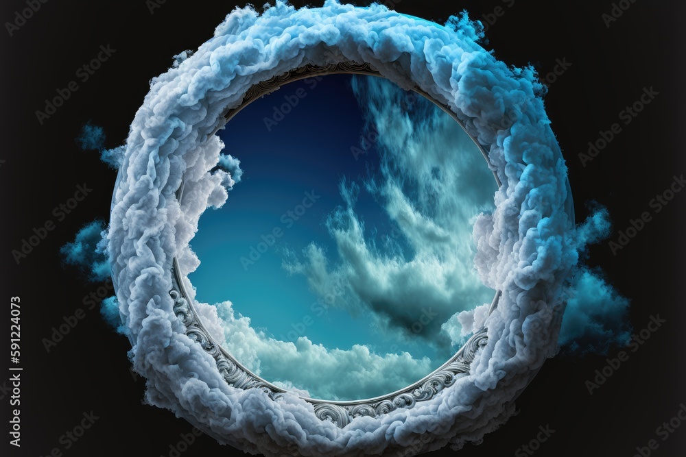 Poster frame made with covered white cloud in the sky in circle shape. concept of luxurious fantasy window.
